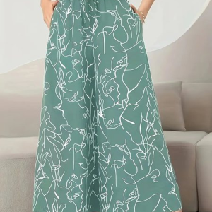 Women Geometric Long Elastic Waist Pants Casual Spring/Fall Trousers, JustFashionNow Pants, color:Green|size:XL