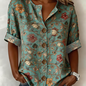 Women Floral Stand Collar Long Sleeve Shirt Buckle Casual Daily Spring/Fall Top, JustFashionNow Shirts, color:Green|size:5XL