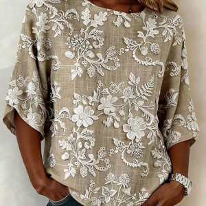 Women Floral Crew Neck Half Sleeve Blouse Printing Vintage Daily Summer Top, JustFashionNow Blouses, color:Khaki|size:5XL