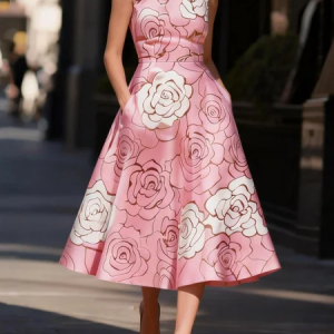 Elegant Floral Printing Crew Neck Midi Dress, Midi Dresses, color:Pink|size:XXL, Stylewe