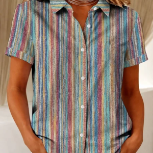 Women Abstract Stripes Shirt Collar Short Sleeve Shirt Printing Casual Daily Summer Top, JustFashionNow Shirts, color:As Picture|size:XXL