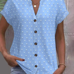Women Polka Dots Short Sleeve Tee T-shirt V Neck Jacquard Casual Summer Top, JustFashionNow T-Shirts, color:Blue|size:3XL