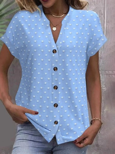 Women Polka Dots Short Sleeve Tee T-shirt V Neck Jacquard Casual Summer Top, JustFashionNow T-Shirts, color:Blue|size:3XL
