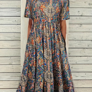 Women Ethnic Short Sleeve Crew Neck Printing Dress Daily Casual Maxi Shift Dress H-Line Summer Dress, JustFashionNow Casual Dresses, color:As Picture|size:4XL