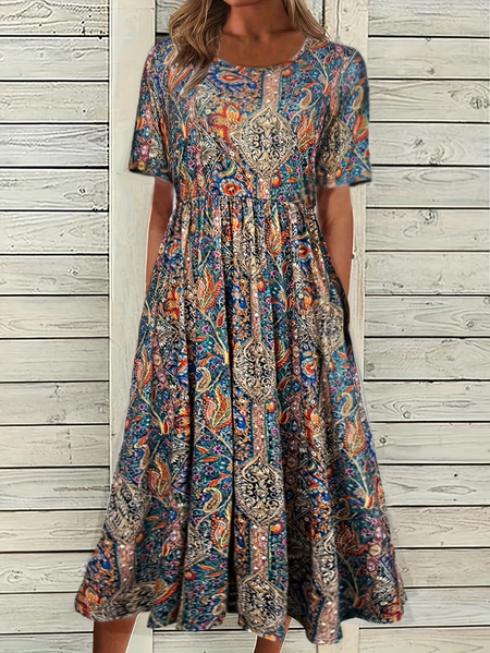 Women Ethnic Short Sleeve Crew Neck Printing Dress Daily Casual Maxi Shift Dress H-Line Summer Dress, JustFashionNow Casual Dresses, color:As Picture|size:4XL