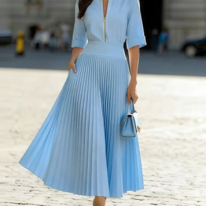 Urban Plain Pleated Crew Neck Midi Dress, Maxi Dresses, color:Blue|size:XXL, Stylewe
