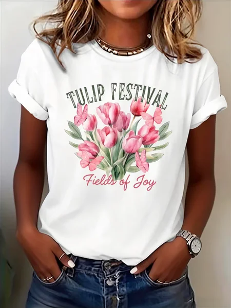 Women Floral Short Sleeve Tee T-shirt Crew Neck Printing Casual Graphic Tee Summer Top, JustFashionNow T-Shirts, color:White|size:XXL