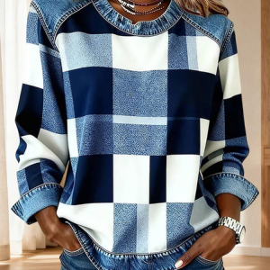 Women Abstract Plaid Crew Neck Printing Vintage Spring/Fall Long Sleeve Sweatshirt, JustFashionNow Sweatshirts & Hoodies, color:Blue|size:4XL