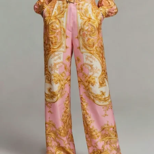 Elegant Geometric Printing Straight Pants Belt, Pants, color:Pink|size:XXL, Stylewe
