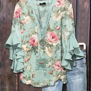 Women Floral Half Sleeve Shirt Summer Printing V Neck Daily Casual Top, JustFashionNow Shirts, color:Green|size:5XL