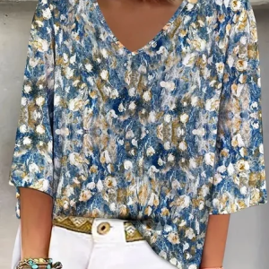 Women Random Print Short Sleeve Tee T-shirt V Neck Elegant Summer Top, JustFashionNow T-Shirts, color:As Picture|size:5XL