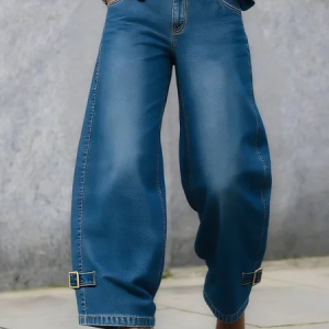 Urban Long Straight Pants Loose H-Line Ripped Daily Trousers, Jeans, color:Denim Blue|size:XXL, Stylewe