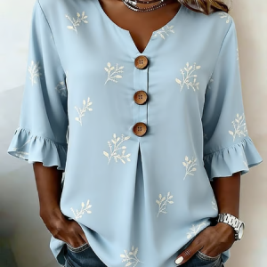 Women Floral V Neck Half Sleeve Blouse Printing Vintage Daily Summer Top, JustFashionNow Blouses, color:Blue|size:5XL