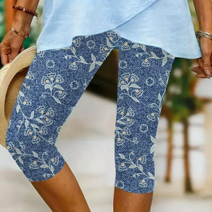 Women Floral Capris Elastic Waist Pants Casual Summer Trousers, JustFashionNow Leggings, color:Blue|size:XXL