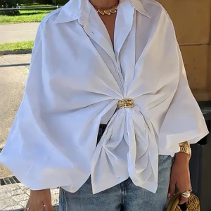 Cotton Urban Plain Balloon Sleeve Shirt, Blouses and Shirts, color:White|size:XXL, Stylewe