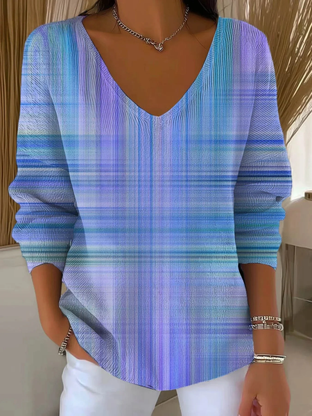 Women Abstract Long Sleeve Tee T-shirt V Neck Printing Casual Spring/Fall Top, JustFashionNow T-Shirts, color:Blue|size:4XL - Image 2