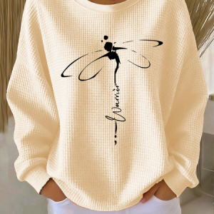 Women Dragonfly Long Sleeve Tee T-shirt Crew Neck Casual Spring/Fall Top, JustFashionNow T-Shirts, color:Beige|size:5XL