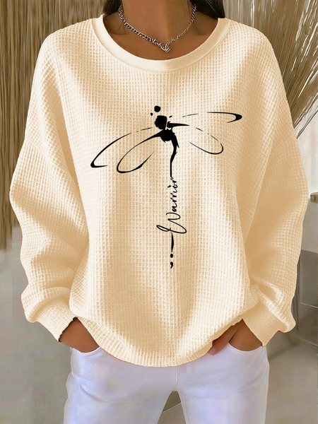Women Dragonfly Long Sleeve Tee T-shirt Crew Neck Casual Spring/Fall Top, JustFashionNow T-Shirts, color:Beige|size:5XL