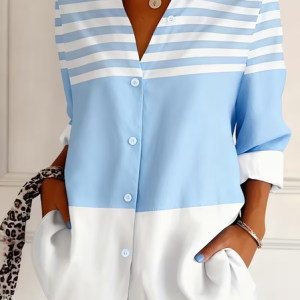 Women Striped Shirt Collar Long Sleeve Shirt Buckle Regular Sleeve Casual Daily Spring/Fall Top, JustFashionNow Shirts, color:Blue|size:XXL