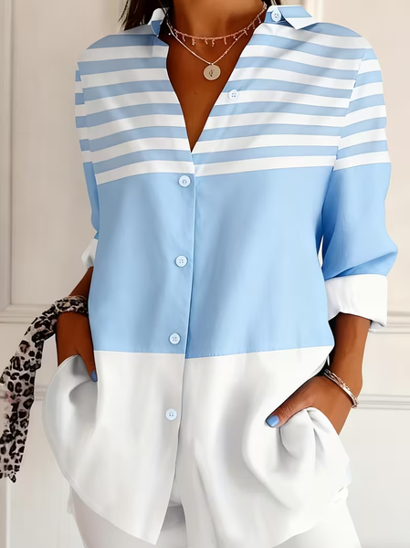 Women Striped Shirt Collar Long Sleeve Shirt Buckle Regular Sleeve Casual Daily Spring/Fall Top, JustFashionNow Shirts, color:Blue|size:XXL