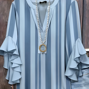 Women Striped V Neck Half Sleeve Shirt Printing Casual Daily Summer Top, JustFashionNow Shirts, color:Blue|size:5XL
