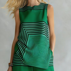 Plus Size Casual Striped Printing Crew Neck Tank Top, Plus Tops, color:Green|size:4X, Stylewe