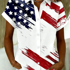 Women America Flag Shirt Collar Short Sleeve Shirt Printing Casual Daily Summer Top, JustFashionNow Shirts, color:White|size:5XL