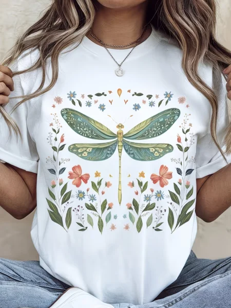 Women Dragonfly Short Sleeve Tee T-shirt Crew Neck Printing Casual Graphic Tee Summer Top, JustFashionNow T-Shirts, color:White|size:XXL