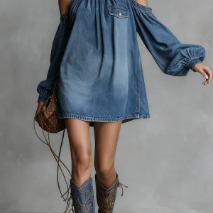 Urban Plain Stand Collar Mini Denim Dress, Mini Dresses, color:Denim Blue|size:XXL, Stylewe