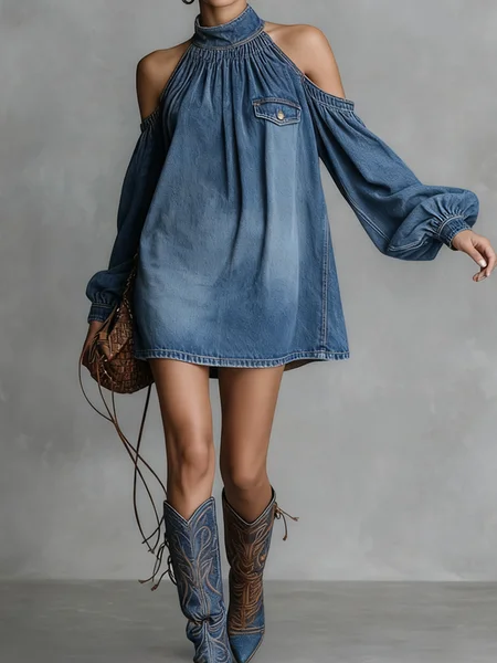 Urban Plain Stand Collar Mini Denim Dress, Mini Dresses, color:Denim Blue|size:XXL, Stylewe