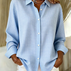 Women Plaid Shirt Collar Long Sleeve Shirt Buckle Regular Sleeve Casual Daily Spring/Fall Top, JustFashionNow Shirts, color:Blue|size:XXL