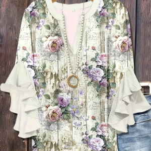 Women Floral V Neck Half Sleeve Shirt Printing Casual Daily Summer Top, JustFashionNow Shirts, color:White|size:5XL