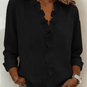 Women Plain V Neck Long Sleeve Shirt Casual Daily Spring/Fall Top, JustFashionNow Blouses, color:Black|size:3XL