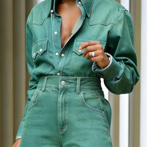 Casual Plain  Shirt Collar Denim Shirt, Blouses and Shirts, color:Green|size:XXL, Stylewe