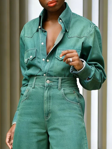 Casual Plain Shirt Collar Denim Shirt, Blouses and Shirts, color:Green|size:XXL, Stylewe
