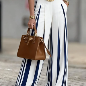 Urban Striped Straight Pants H-Line Natural Commuting Trousers, Pants, color:As Picture|size:XXL, Stylewe