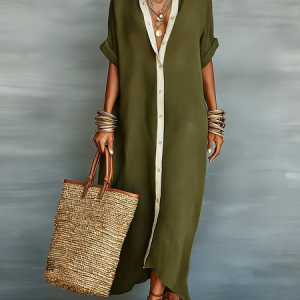 Casual Colorblock Relaxed Maxi Shirt Dress, Maxi Dresses, color:Green|size:XXL, Stylewe