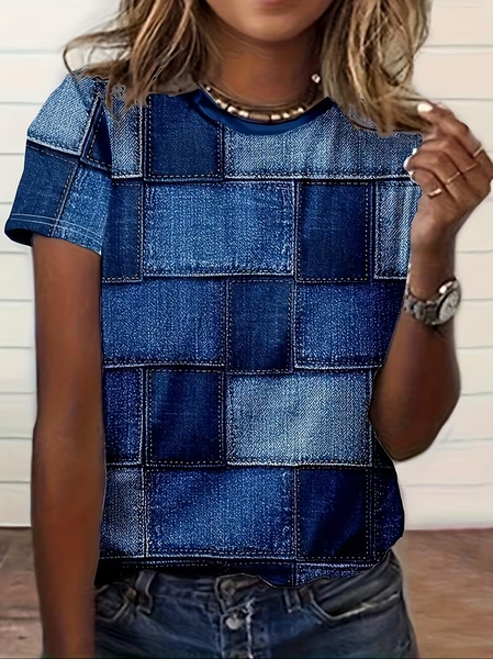 Women Abstract Short Sleeve Tee T-shirt Crew Neck Printing Casual Graphic Tee Summer Top, JustFashionNow T-Shirts, color:Blue|size:XXL