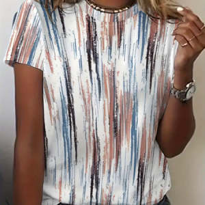 Women Abstract Stripes Short Sleeve Tee T-shirt Crew Neck Printing Casual Graphic Tee Summer Top, JustFashionNow T-Shirts, color:White|size:XXL