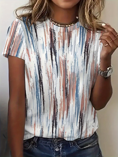 Women Abstract Stripes Short Sleeve Tee T-shirt Crew Neck Printing Casual Graphic Tee Summer Top, JustFashionNow T-Shirts, color:White|size:XXL