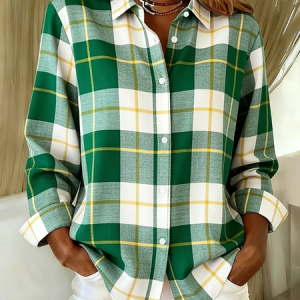 Women Plaid Shirt Collar Long Sleeve Shirt Buckle Regular Sleeve Casual Daily Spring/Fall Top, JustFashionNow Shirts, color:Green|size:XXL