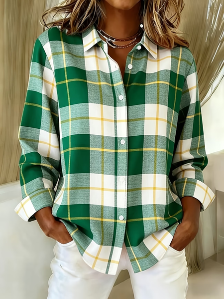 Women Plaid Shirt Collar Long Sleeve Shirt Buckle Regular Sleeve Casual Daily Spring/Fall Top, JustFashionNow Shirts, color:Green|size:XXL