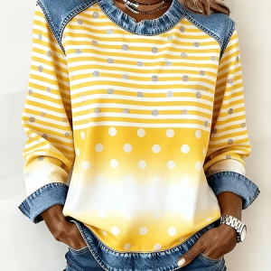 Women Abstract Stripes Crew Neck Printing Vintage Spring/Fall Long Sleeve Sweatshirt, JustFashionNow Sweatshirts & Hoodies, color:Yellow|size:4XL