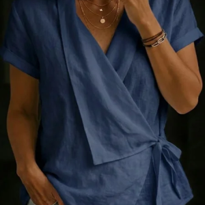 Women Plain V Neck Short Sleeve Blouse Vintage Daily Summer Top, JustFashionNow Shirts, color:Navyblue|size:3XL