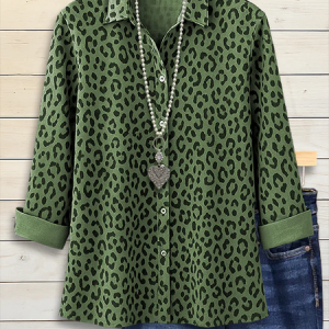 Women Leopard Shirt Collar Long Sleeve Shirt Buckle Regular Sleeve Casual Daily Spring/Fall Top, JustFashionNow Shirts, color:Green|size:XXL