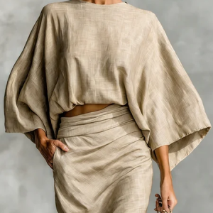 Cotton Casual Plain  Bell Sleeve Blouse, Blouses and Shirts, color:Khaki|size:XXL, Stylewe