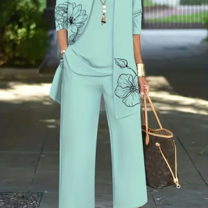 Women Floral Printing Matching Outfit Daily Long Sleeve Casual Spring/Fall Multi-Piece Set Matching Set, JustFashionNow Suit Set, color:Green|size:XXL