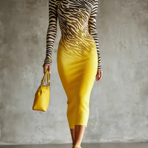 Urban Ombre Printing Crew Neck Midi Dress, Maxi Dresses, color:Yellow|size:XXL, Stylewe