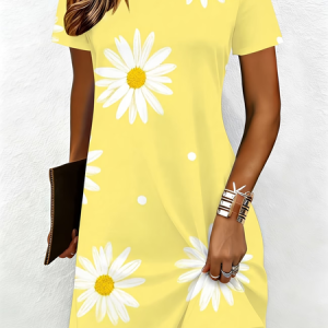 Women Floral Short Sleeve Crew Neck Printing Dress Daily Casual Midi T-Shirt Dress A-Line Summer Dress, JustFashionNow Casual Dresses, color:Yellow|size:5XL