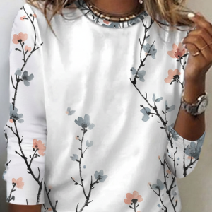 Women Floral Long Sleeve Tee T-shirt Crew Neck Vintage Spring/Fall Top, JustFashionNow T-Shirts, color:Color6|size:5XL